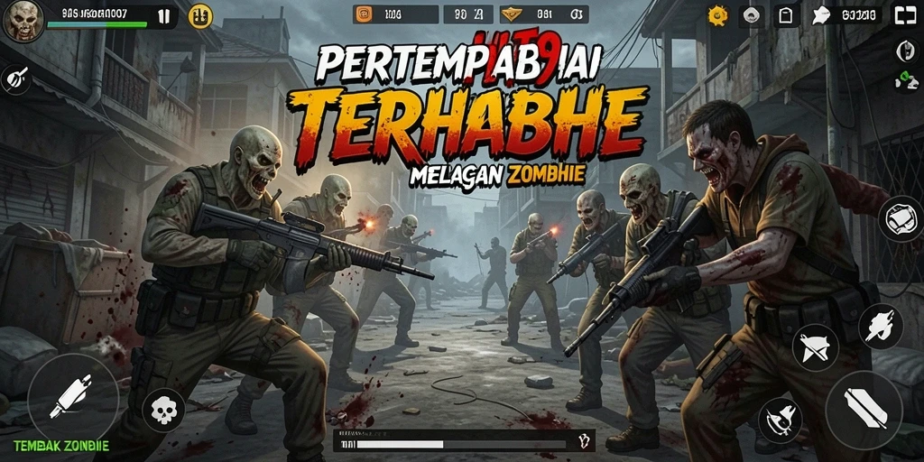 Antarmuka permainan HIT9 menampilkan aksi tembak menembak melawan zombie.